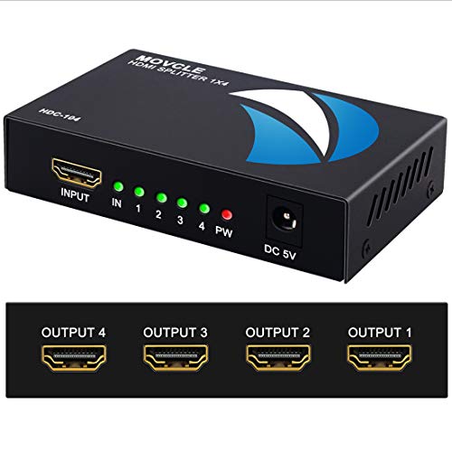 Movcle HDMI Splitter 1 in 4 out Full Ultra HD 1080P 4K/2K 1X4 Port Box Hub with US Adapter v1.4 Powered Certified for 3D Support
