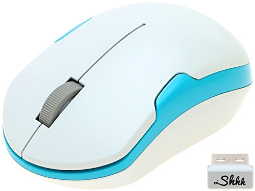 ShhhMouse Wireless Silent Noiseless Clickless Mobile Optical Mouse with USB Receiver and Batteries Included, Portable and Compact, For Notebook, PC, Laptop, Computer, MacBook (White/Turquoise Blue)