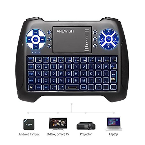 (2019 Latest, Backlit) ANEWISH 2.4GHz Mini Wireless Keyboard with Touchpad Mouse Combo, Rechargable Li-Ion Battery & Multi-Media Handheld Remote for Google Android TV Box, PS3, PC, Pad