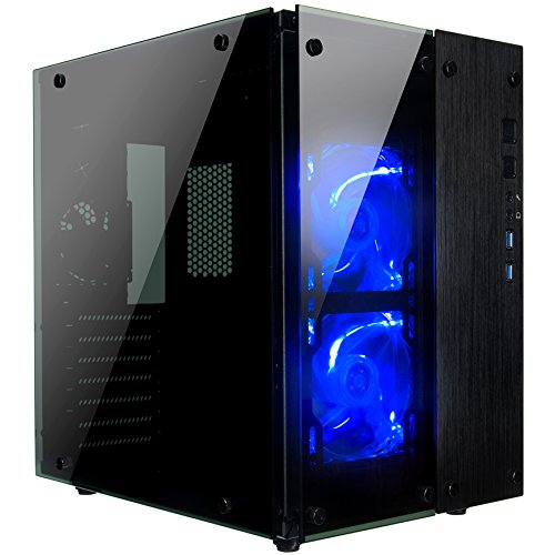 Rosewill Gaming ATX Mid Tower Cube Case, Tempered Glass Full Window Desktop PC Computer Small Form Case, Blue LED Lighting Fans, USB 3.0, 240mm Water Cooler Support, 3 Fans Pre-Installed